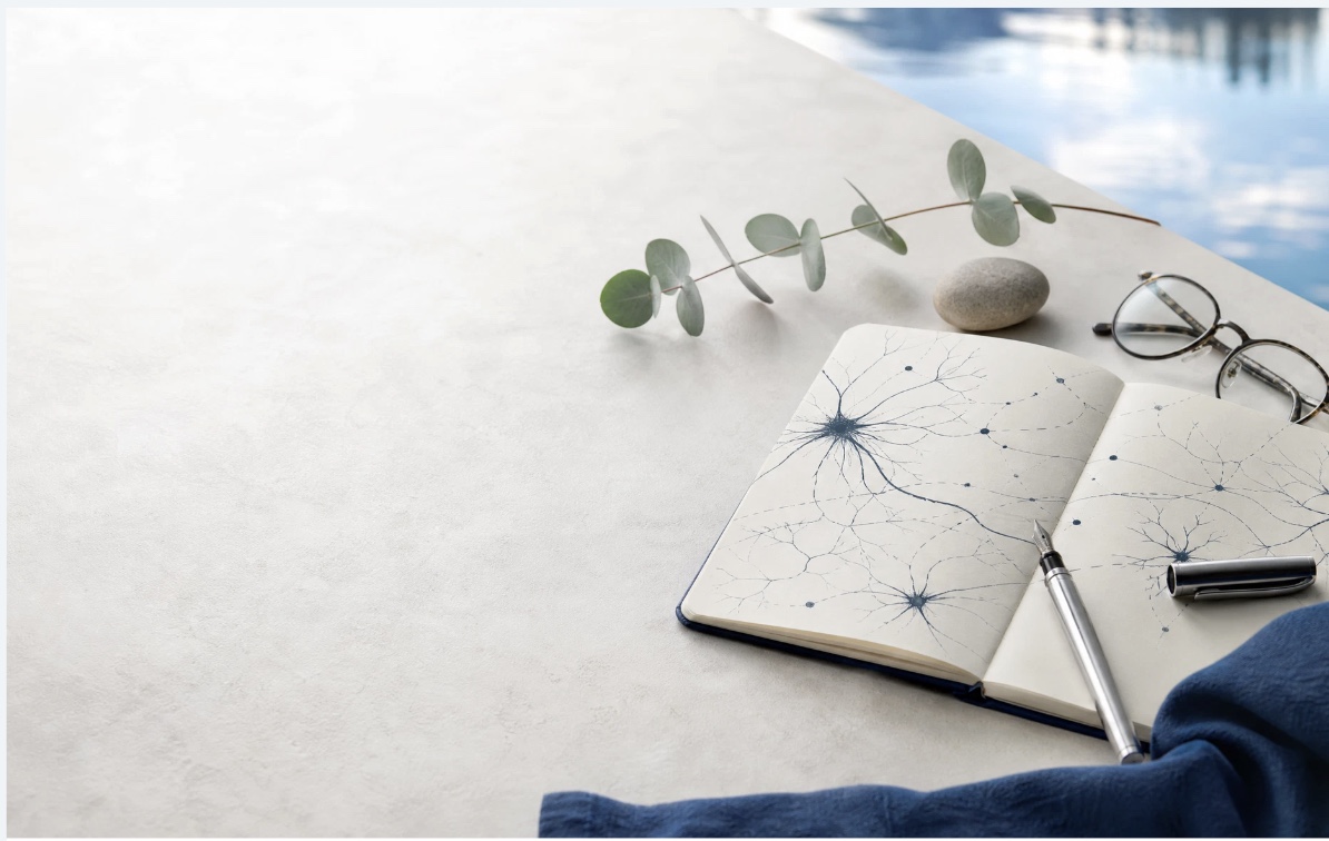 An open notebook of hand-drawn neurons beside reading glasses, a stone and a eucalyptus sprig, on a pale desk overlooking the lake
